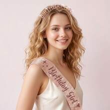 2Pcs Rose Gold Birthday Girl Rhinestone Tiara & Glitter Sash Set Women Princess Crown Headband Party Decorations Gift - Champagne - View 3