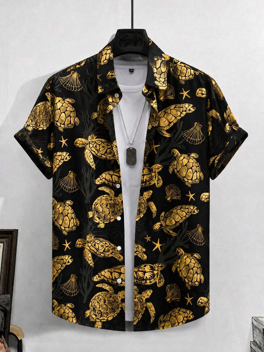 Men's Casual Turtle Print Vacation Shirt - Black and Gold - View 1