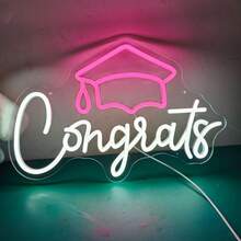 1pc Congrats Grad LED Neon Sign - USB Powered Dimmable Wall Decor With Graduation Cap And Champagne Glass Design, Script Style Lighting For Graduation Party, Home Office Celebration, Durable Plastic Construction, Graduation Decoration, Party Atmosphere Lighting, Decor, Factory Direct - Pink, White - View 7
