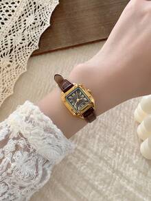 1 pièce Montre-bracelet à quartz ovale avec chiffres romains, style décontracté et élégant pour femmes, convient pour le port quotidien - Tabac - Voir 4