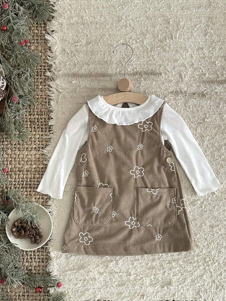 INS Toddler Baby Girl Brown Floral Embroidered Corduroy Overall Dress Spring Autumn
