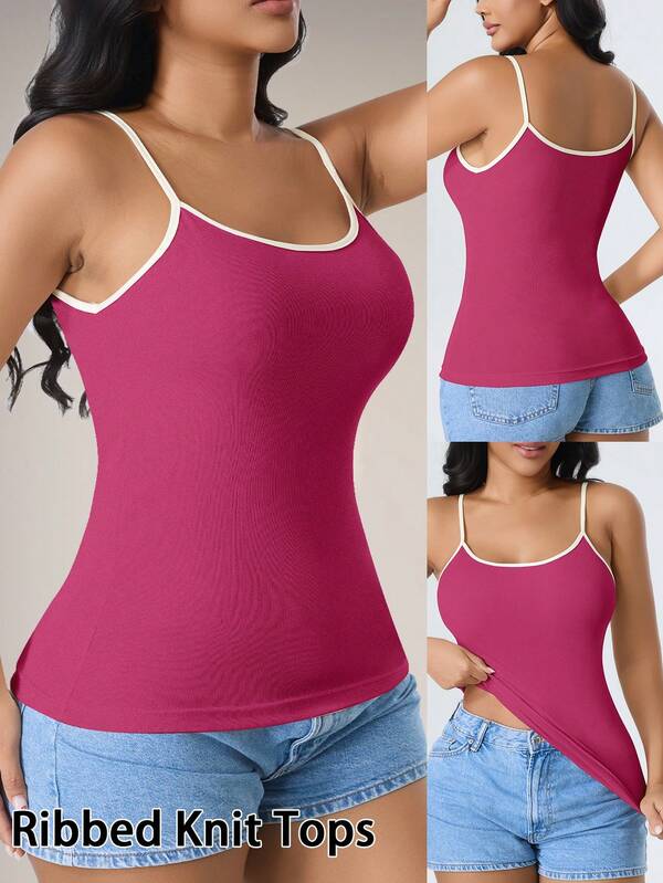 CELILIN Minimalist Colorblock Spaghetti Strap Tank Top, Korean Style Ribbed Camisole, Slim Fit Flattering Versatile Inner Layer Top