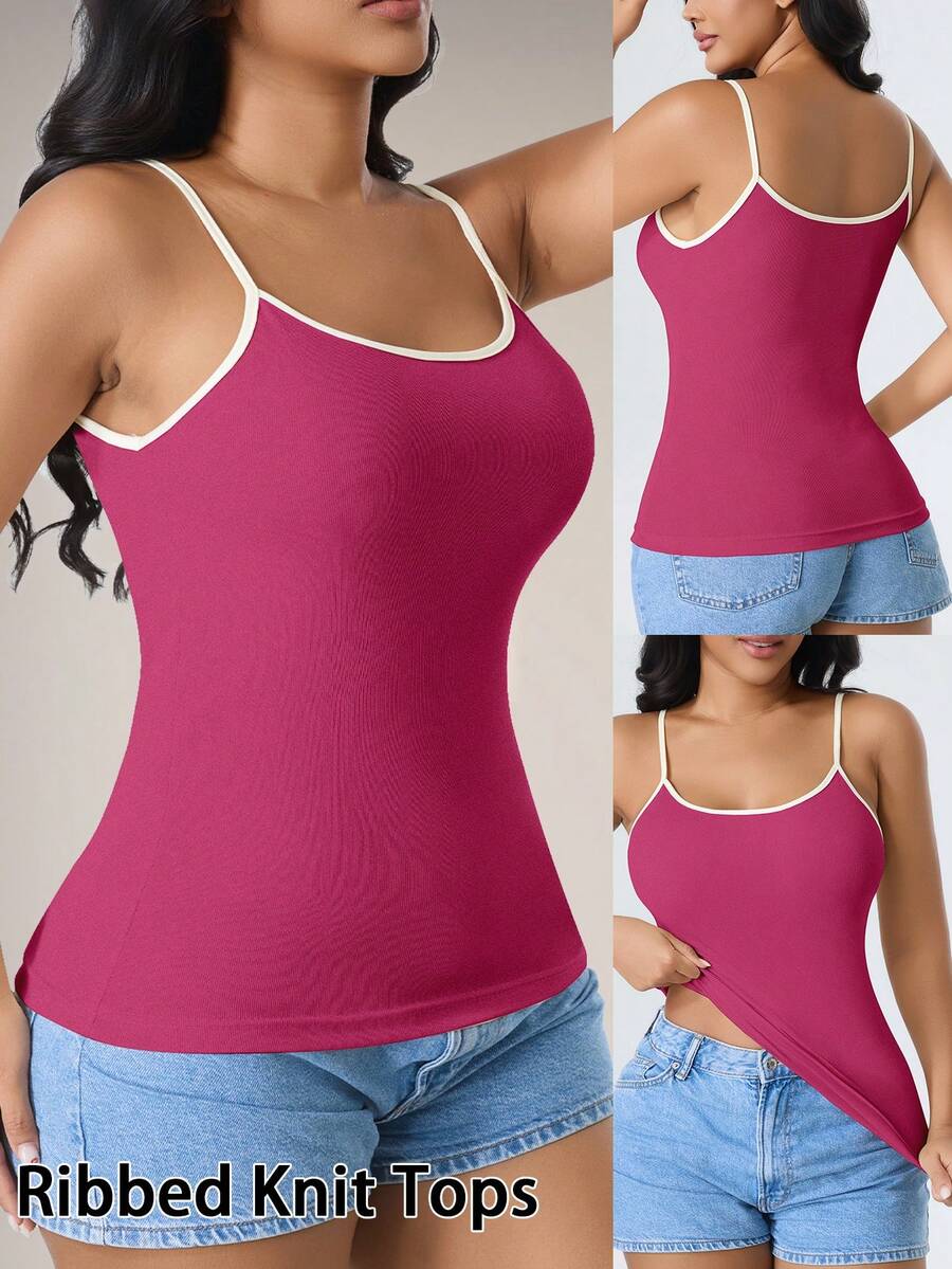 CELILIN Top de tirantes finos de color bloque minimalista, camisola acanalada de estilo coreano, top de capa interior versátil y favorecedor de ajuste ceñido - Rosa Fucsia - Ver 1