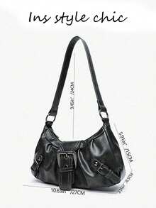 Simple Ruched Shoulder Bag Front Large Buckle Design Side Small Strap Decor Adjustable Single Strap Lightweight Armpit Bag For Shopping Casual Use - Black - View 2
