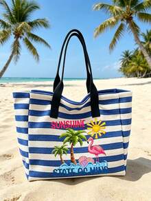 Large Capacity Blue & White Striped Beach Tote Bag, Summer Theme "SUNSHINE" Print, Foldable Canvas Shoulder Bag, Waterproof & Sandproof Travel Bag, Suitable For Summer Essentials, Perfect For Beach Trips, Swimming, Shopping And Daily Use, Ideal For Women, Travelers And Beach Lovers, Great For Spring Break, Easter, Vacation And Gifts, Can Be Used As Beach Bag, Shopping Bag And Travel Companion, Back To School Gift - Multicolor - View 6