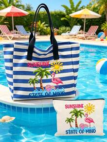 Large Capacity Blue & White Striped Beach Tote Bag, Summer Theme "SUNSHINE" Print, Foldable Canvas Shoulder Bag, Waterproof & Sandproof Travel Bag, Suitable For Summer Essentials, Perfect For Beach Trips, Swimming, Shopping And Daily Use, Ideal For Women, Travelers And Beach Lovers, Great For Spring Break, Easter, Vacation And Gifts, Can Be Used As Beach Bag, Shopping Bag And Travel Companion, Back To School Gift - Multicolor - View 1