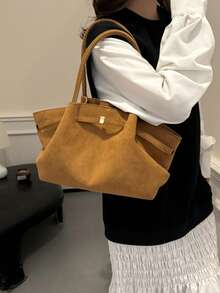 Dedoo 1件仿麂皮托特包，大容量純色女款手提包，成熟優雅風格，復古通勤包 - 棕色 - 查看 6