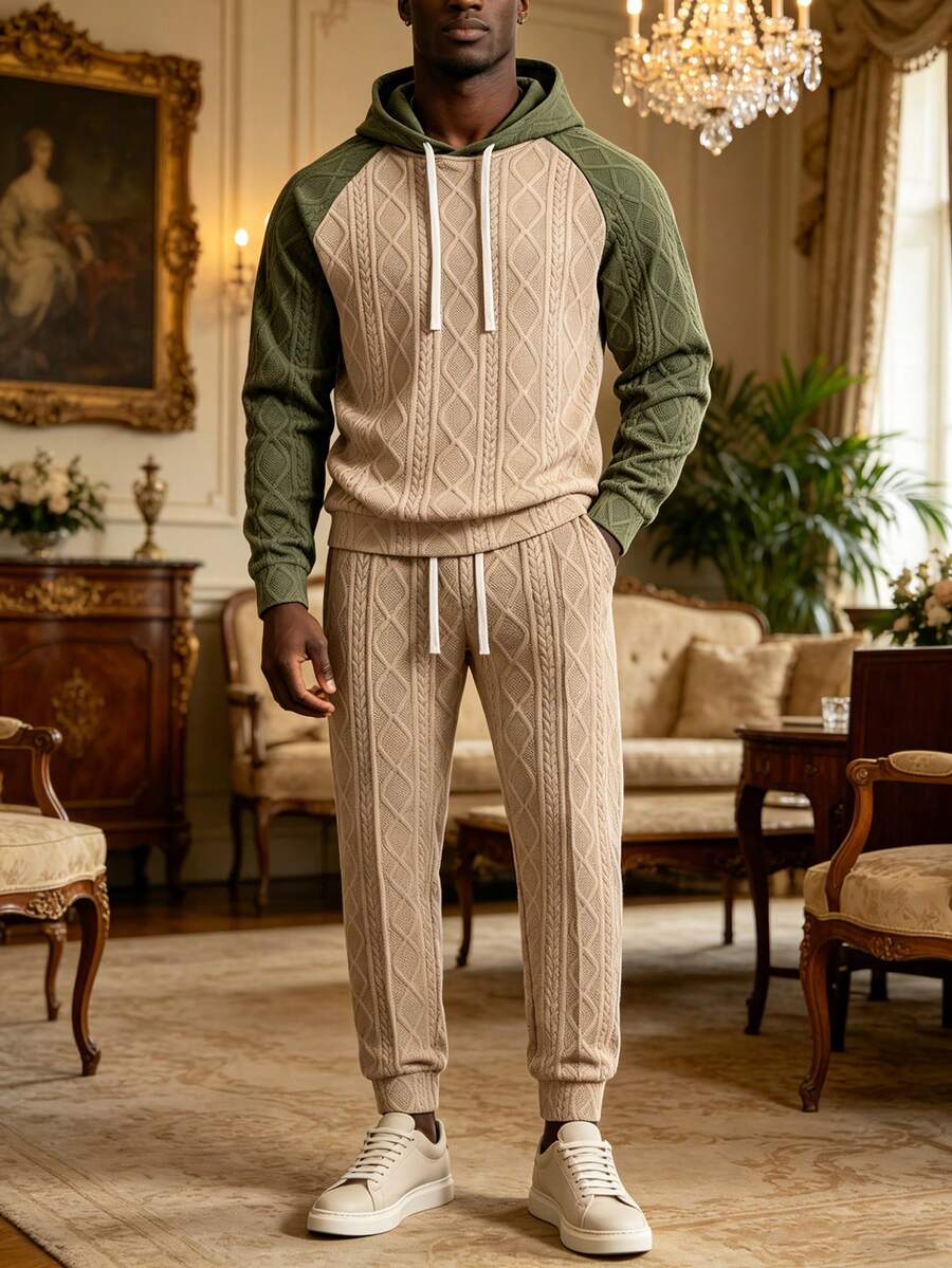 Men's Autumn/Winter Jacquard Hooded Sweatshirt & Long Pants Set - Khaki - View 1