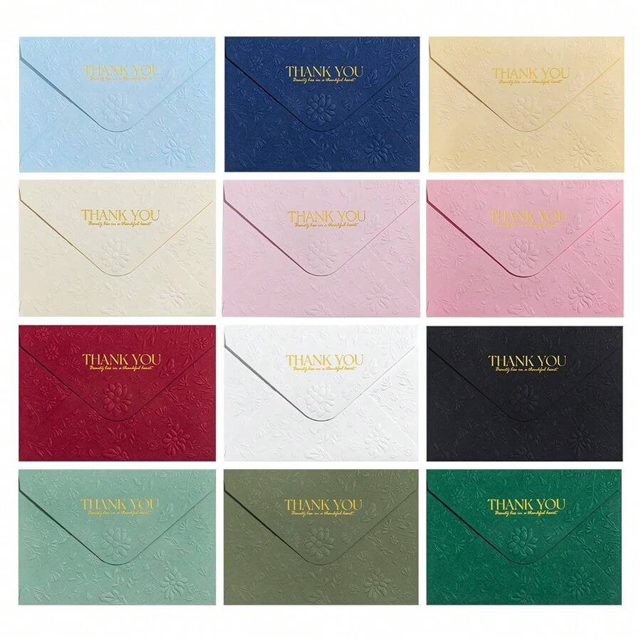 12pcs Thank You Envelopes, Embossed Floral Gold Foil Thank You Envelopes, Suitable For Greeting Cards, Photos, Postcards, Wedding, Party, Business Gift Occasions - Sets - View 1