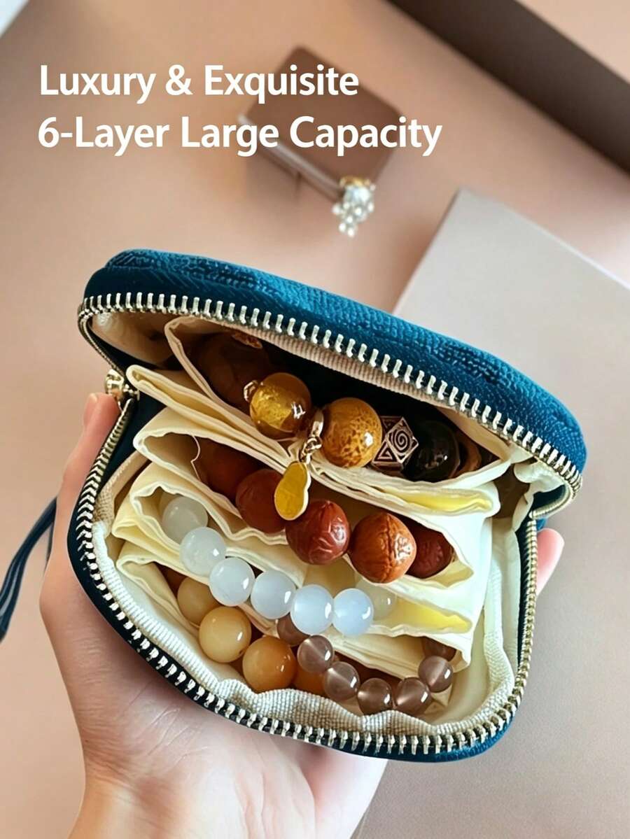 1pc Portable Travel Jewelry Storage Bag With Tassel Zipper, Premium Quality Portable Jewelry Box, Multi-Layer Storage For Crystal Bracelets And Bangles, Fashionable Velvet Jewelry Bag, Portable Zipper Jewelry Box - Multicolor - View 1