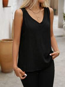 Women's Premium Casual V-Neck Sleeveless Blouse Black - Black - View 3