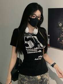 Women's Solid Color Korean Style Letter Print Short Sleeve Slim Casual T-Shirt, Summer Black - Black - View 1