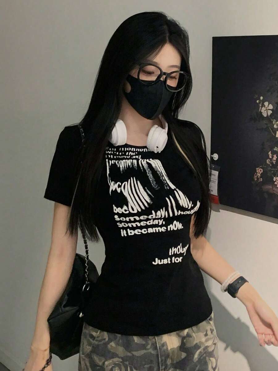 Women's Solid Color Korean Style Letter Print Short Sleeve Slim Casual T-Shirt, Summer Black - Black - View 1
