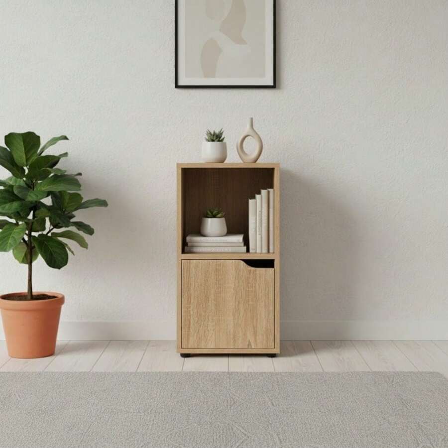 KIWI MOBLEKIT | Modular Wooden Shelves With Different Compartments And Door Options, Bookcases And Storage Furniture For Bedroom, Kitchen Or Entryway - 橡木 - 雙隔層 + 單門 | 30x29x61厘米 - 查看 1