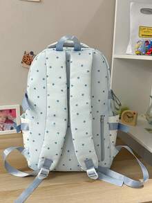 Blue & White Star Heart Backpack, Girl's Musical Note Embroidery School Bag, Birthday Gift Commuter Backpack For Middle & High School Students - Blue - View 3