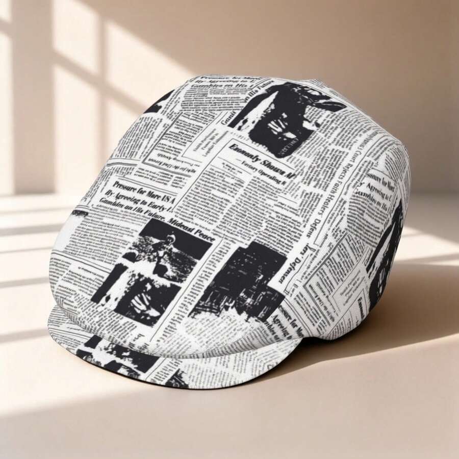 Vintage Newspaper Collage Full-Print Flat-Top Hat Unisex; Painter's Hat, Newsboy Hat, Beret, Irish-Style Driver's Hat, Vintage Gentleman's Hat