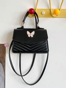 Butterfly Decor V-Shaped Quilted Mini Handbag, Elegant Solid Color PU Crossbody Bag With Handle, Women's Sweet Style Small Square Shoulder Bag, Suitable For Daily Use, Vacation Travel - Black - View 2