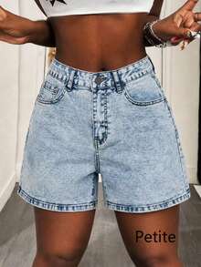 Women's Petite Casual Street Style Mid-Waist Loose Fit Denim Stretch Shorts - Light Wash - View 1