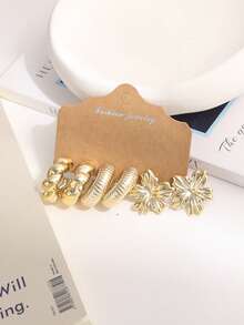 18pcs/6pcs Fashion Elegant Unique Flower C-Shaped Earrings Suitable For Women's Daily Wear, Dating, Party, Everyday Matching, Gold Earring Set - Gold - View 3