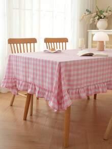 1pc Minimalist Style Pleated Ruffle Edge Cotton Tablecloth, Suitable For Wedding, Outdoor Dining, Camping, Birthday Party, Valentine's Day, Kindergarten Background, Daily Home Decor - Pink - View 17