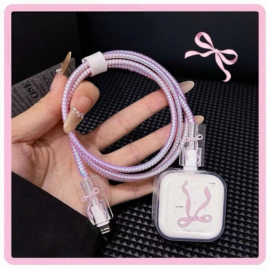蝴蝶結風格保護殼，相容於 Apple 17 Pro/17 Pro Max 40W 充電器，極簡 INS 風格，彩繪工藝，防摔，送禮必備，5 件組女性適用 - 粉色 - 查看 1