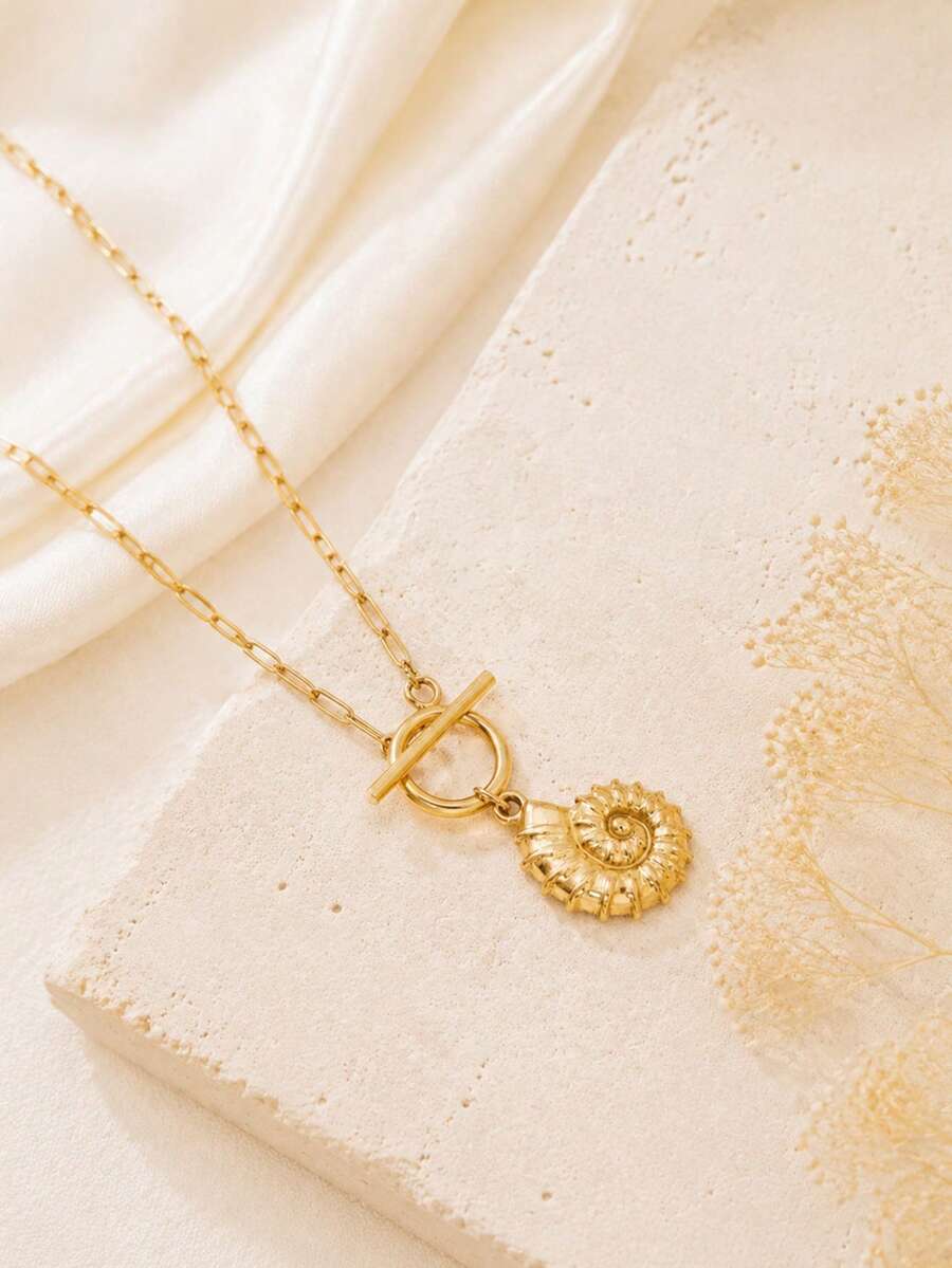 1pc 18K Gold Plated Golden Stainless Steel Conch Shell Design OT Clasp Checkered Necklace - Multicolor - View 1