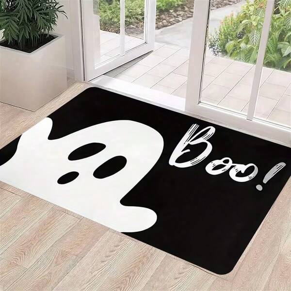 1PC Black Background Cute White Ghost Holiday Doormat, Small Rug, Welcome Mat, Holiday Simple Atmosphere Pattern Carpet, Floor Mat, Outdoor Doormat, Ghost Letter Kitchen Rug, Home Decor, Area Rug, Garden Carpet, Washable Rug
