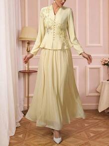 Solessence 2pcs Women's Elegant V-Neck Applique Design Pleated Dress, Suitable For Daily, Festival, Casual Occasions, Solid Color Spring - Pale Yellow - View 1