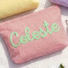 Custom Seersucker Makeup Bag & Travel Pouch - Personalized Chenille Name Toiletry Bag & Summer Beach Tote - 2red Green - View 13