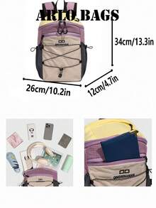 Letter Embroidered Patchwork Backpack With Quick Drawstring Detail, Wear-Resistant Nylon Casual Backpack For Campus Daily Outdoor Activities - Purple - View 3