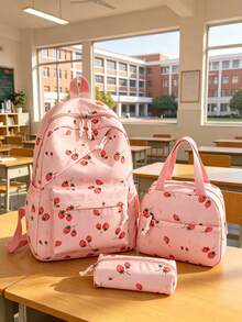 1 Set Cute Strawberry Pattern Backpack Set, Large Capacity Polyester School Day Bag, With Lunch Bag And Pencil Case, Multi-Pocket Casual Backpack, Lightweight Bookbag, Suitable For Students/Graduates/Young People, Suitable For Back To School/Daily/Shopping/Short Trips And Outdoor Leisure Activities - 2264 - View 1