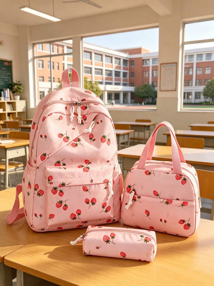 1 Set Cute Strawberry Pattern Backpack Set, Large Capacity Polyester School Day Bag, With Lunch Bag And Pencil Case, Multi-Pocket Casual Backpack, Lightweight Bookbag, Suitable For Students/Graduates/Young People, Suitable For Back To School/Daily/Shopping/Short Trips And Outdoor Leisure Activities - 2264 - View 1