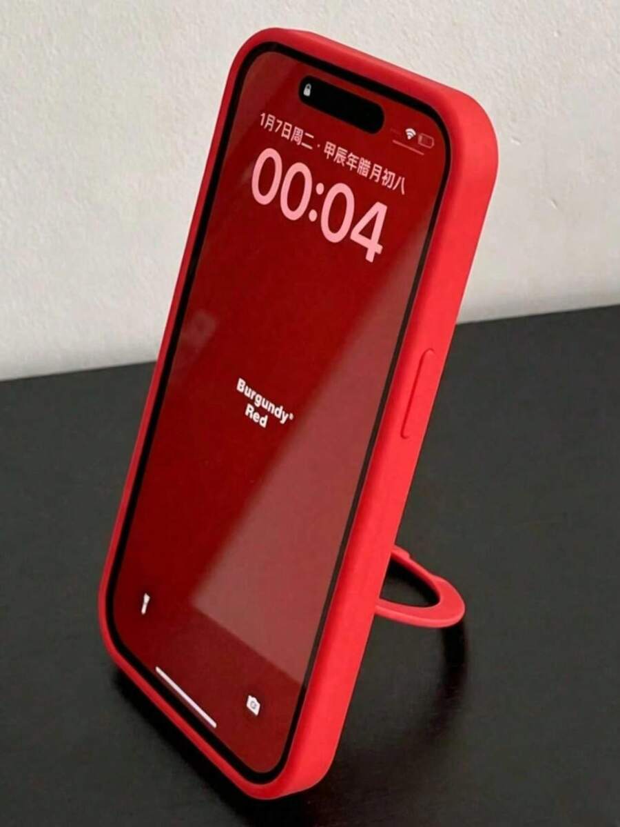 1pc Minimalist Solid Color Liquid Silicone Phone Case, Built-In Same Color Integrated Ring Kickstand, Anti-Fingerprint Shockproof Soft Protective Cover With Raised Camera Bezel, Perfect Gift For Daily Use, Suitable For Commute & Video Playback, Compatible With IPhone11,13,15,16,17 Pro,17 Pro Max12,14 - Red - View 1