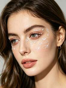 1pc White Cursive English Butterfly Soft Glow Pearl Double-Sided Face Sticker, Vintage Cursive Healing English Paired With Delicate Hollow Butterfly, Accompanied By One Sheet Of Multi-Size Soft Glow White Pearls, Korean Sexy Cool Atmosphere. Low-Irritation Skin-Friendly Adhesive Backing, No Cutting Required, Ultra-Thin Transparent White Base Invisible Fit, Waterproof And Sweat-Resistant, No Curling Edges, No Residue After Removal, For Skin. - Multicolor - View 3