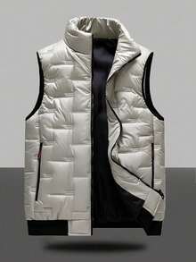 Autumn/Winter Solid Color Stand Collar Thickened Warm Zipper Embossed Vest Men's Casual Outdoor Versatile Sleeveless Jacket Couple Style Sports Fall - Khaki - View 2