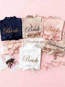 客製化雙面姓名刺繡緞面和服式晨袍 個性化姓名伴娘新娘婚禮準備穿著 繫帶絲綢浴袍 新娘派對禮物 - 杏色 - 查看 11