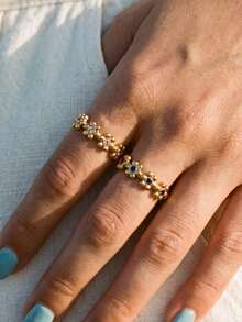 1 Pc 304 Stainless Steel 18K Gold Plated Dainty Adjustable Open Ring With Five Small Flowers Inlaid With MultiColor Rhinestones/Waterproof And Fade-R - Ring - View 5