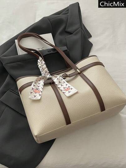 Large Capacity Contrast Color Metal Rope Buckle Design Handbag, Classic Versatile Scarf Decor Commuter Practical Women's Shoulder Bag, Suitable For Shopping, Wallet, Shopping, Young Women, College Students, Newcomers, White-Collar Workers. They Are Perfect For Office, University, Work, Business, Commuting, Outdoor Activities, Travel And Outings