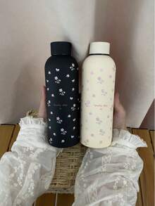 500ml/16.9oz 不鏽鋼迷你花卉圖案馬克杯，便攜保溫水壺附橡膠塗層，適合居家與戶外運動，完美的返校季禮物送給家人與朋友 - 黑小花 - 查看 3