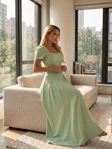 Long Dress With Short Sleeves, Square Neckline, Solid Color, Elegant, Sizes S M L - 檸檬綠 - 查看 4