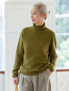 女款時尚橄欖綠高領毛衣，舒適休閒針織上衣，適合萬聖節、感恩節、聖誕節、秋冬穿搭 - 芥末黃 - 查看 2