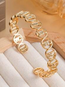 1 Set Exquisite Geometric Zirconia Open Bangle & Ring Set, Suitable For Women's Daily Wear, Holiday Gift - Yellow Gold - View 7