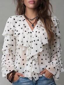 Buzzelle Elestia Women's Elegant Romantic V-Neck Lantern Sleeve Ruffle Polka Dot Chiffon Blouse, Casual Semi-Sheer Boho Vacation Outing Top, Spring Summer Fall - Black and White - View 4