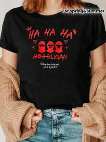 Red Cursive HA HA HA With Crown And Star Decorations, Center Features Three Red Balaclavas (Gangster Headband Printed T-Shirt - Women'S Casual Round N - Black - View 1