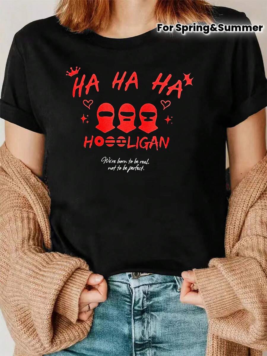 Red Cursive HA HA HA With Crown And Star Decorations, Center Features Three Red Balaclavas (Gangster Headband Printed T-Shirt - Women'S Casual Round N - Black - View 1
