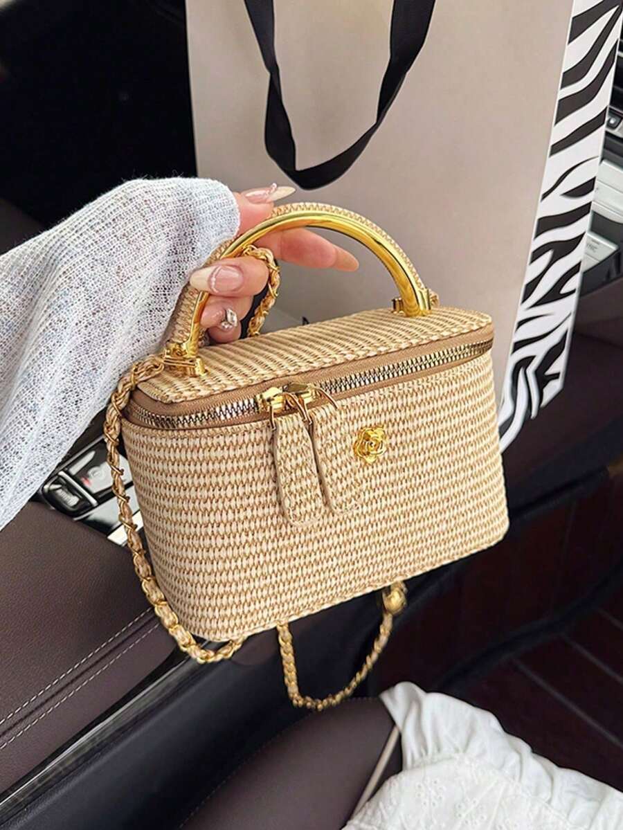 1pc Minimalist Casual Versatile Woven Straw Lunch Box Bag, Small Chain Shoulder Crossbody Bag - 卡其色 - 查看 1