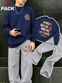 2pcs Street Graffiti Boy Outfit, Vintage Collage Slogan Print Sweatshirt + Sweatpants, Soft Autumn/Winter Streetwear - Navy Blue - View 1