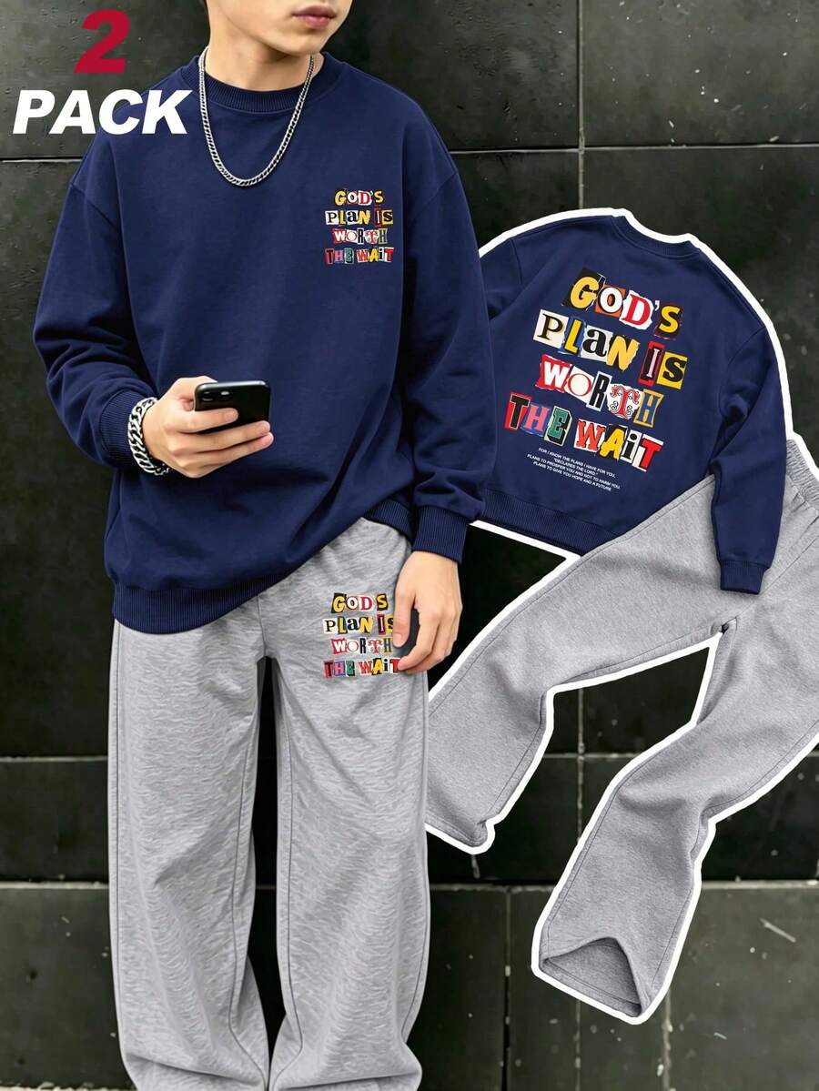 2pcs Street Graffiti Boy Outfit, Vintage Collage Slogan Print Sweatshirt + Sweatpants, Soft Autumn/Winter Streetwear - Navy Blue - View 1