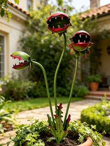 1/2 pezzi Cartelli decorativi divertenti per giardino a forma di carne, decorazione da esterno, scultura in metallo dipinto 3D a tre teste con fiori, rastrelliera per rampicanti da orto, vaso per fiori, cartelli decorativi per giardino e prato - convenzionale - Visualizzare 5