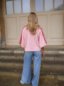 Pull femme à manches 3/4 rayé bicolore, col rond, coupe ample, effet duveteux, style streetwear sportif pour le quotidien, rose, 2026 - Rose bonbon - Voir 10